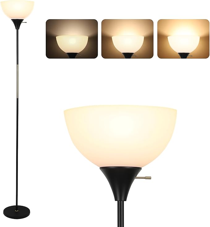 Floor Lamp, Dimmable Standing Lamp, 3 Levels Brightness Led Floor Lamp Rotary Switch Floor Lamps Modern Industrial Lamp with Shade, Tall Lamps for Living Room Bedroom Office Dining Room (Black)
