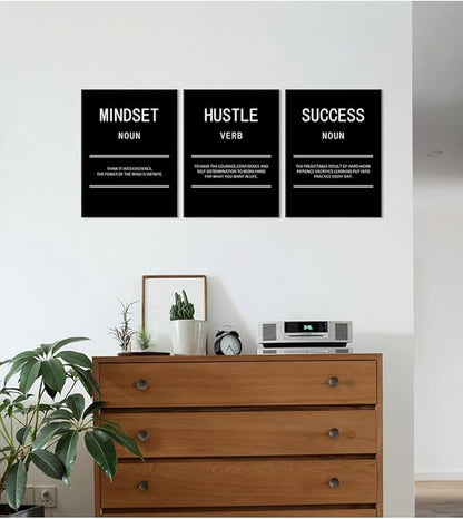 Mindset Hustle Success Inspirational Canvas Wall Art Office 3 Panel Print Motivational Poster Painting Modern Inspiring Artwork for Home Living Room BedRoom Gym Decor Ready to Hang [36''Wx 16''H]