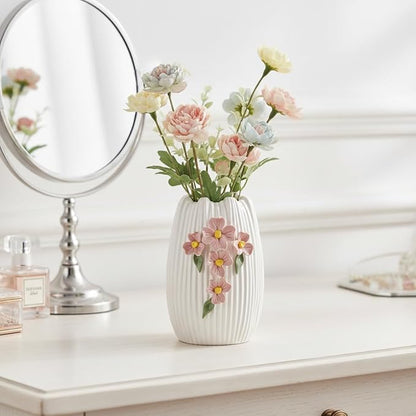 White Ceramic Flower Vase, 7 Inch Small Boho Vase for Pampas Grass, 3D Floral Modern Vases Home Decor, Wedding, Valentine, Dining Table Decoration, Bedroom Decor