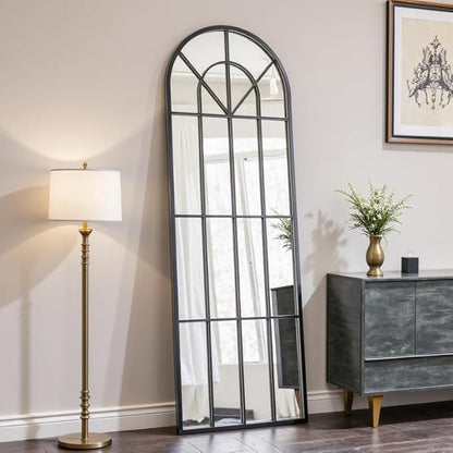 OGCAU Full Length Mirror, 65"x22" Arched Window Floor Length Mirror, Hanging or Leaning, Full Body with Iron Frame, Window Pane Wall Mounted Home Decor for Bedroom Living Room (Black)