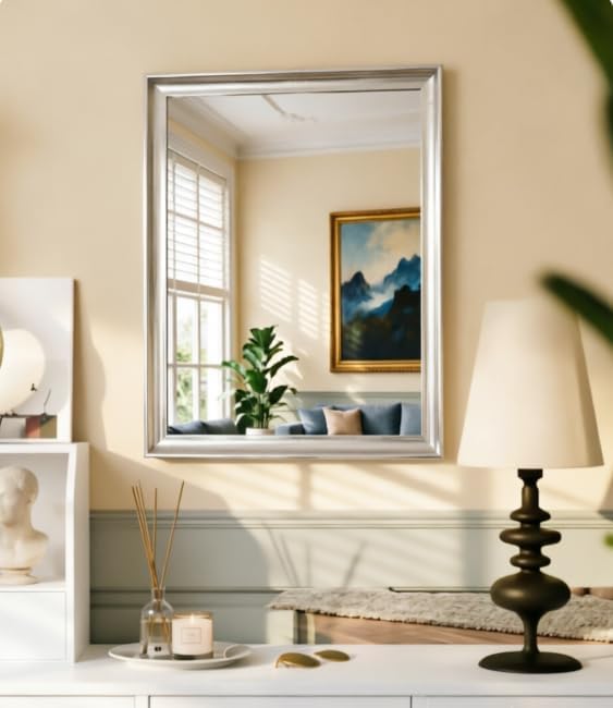 USHOWER Brushed Nickel Bathroom Mirrors for Over Sink 22x30 Inch, Metal Framed Rectangle Vanity Mirror for Wall, Bedroom, Living Room, Entryway, Anti-Rust, HD Tempered Glass, Horizontal/Vertical