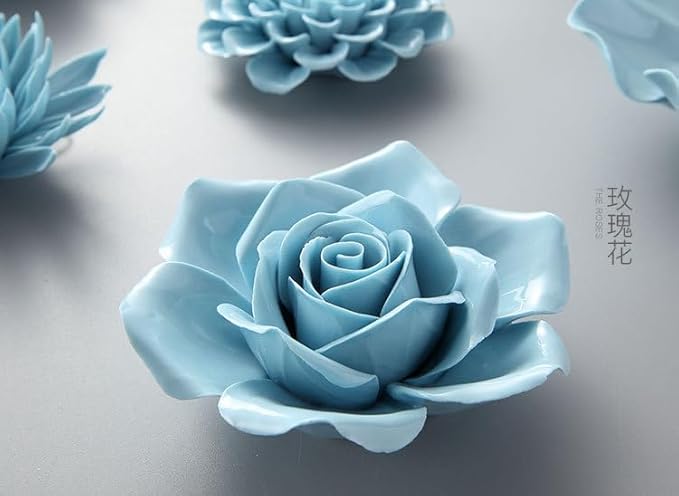 AMERRY 3.94" Ceramic Rose Wall Art, 3D Handmade Porcelain Hanging Sculpture for Home Office Decor (Blue)