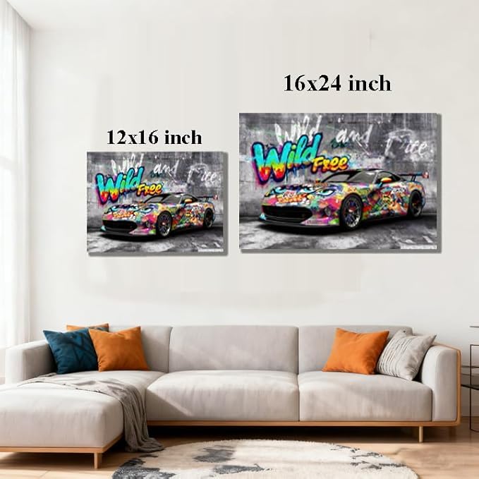 16x24 Modern Graffiti Sports Racing Car Canvas Wall Art Framed Urban Street Galley Oil Painting Gray Picture Teen Boys Pop Funny Home Decor Kids Bedroom Posters Men Office Living Room Cool Prints