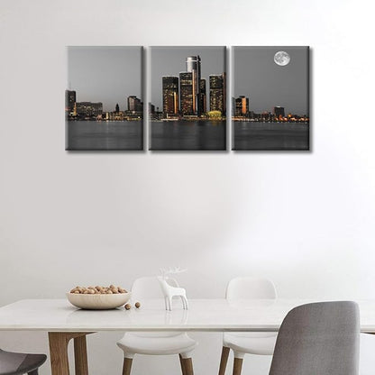 TUMOVO Wall Decor Detroit Downtown Skyline Wall Art Beautiful City Skyline Pictures Wall Decor for Living Room 3 Piece Skyscrapers Contemporary Home Decor Framed Ready to Hang (36" Wx16 H)