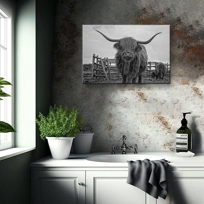 Highland Cow Wall Art Black and White Large Canvas Picture Animal Poster Framed Art Wall Decor for Living Room Bathroom (28x44 inch)