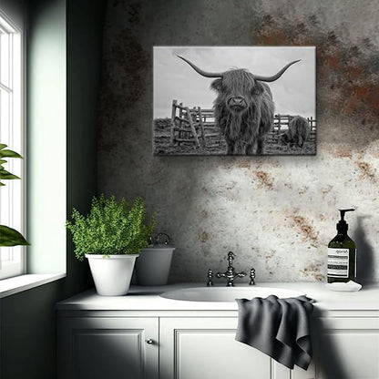 Highland Cow Wall Art Black and White Large Canvas Picture Animal Poster Framed Art Wall Decor for Living Room Bathroom (28x44 inch)