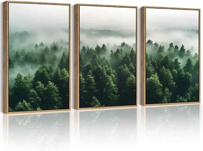 PHOPAGO Green Fog Pine Tree Framed Wall Art Large 16x24in Nature Misty Nordic Forests Artwork Morden Paints Bedroom Living Room Home Decor - Natural Framed