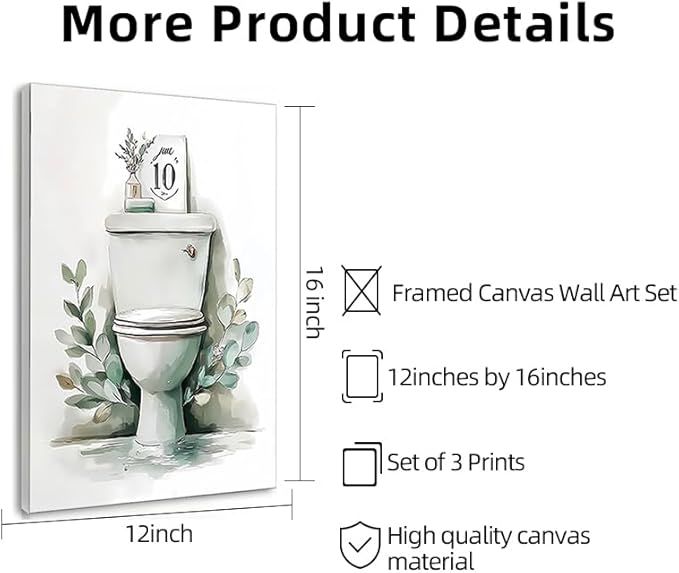 Frimeeme 3 Piece Sage Green Botanical Bathroom Decor, Framed Canvas Wall Art Set, bathroom wall art with leaves, 12x16 Inches Ready to Hang Prints