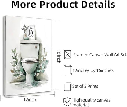 Frimeeme 3 Piece Sage Green Botanical Bathroom Decor, Framed Canvas Wall Art Set, bathroom wall art with leaves, 12x16 Inches Ready to Hang Prints
