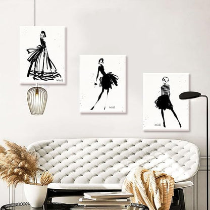 Chadow Artwork 3 Pieces Girl in Black Dress Wall Art Bathroom Art Fashion Women Canvas Pictures for Bedroom Beauty Salon Bathroom Makeup Room Decor 12"x16" (30cmx40cm)