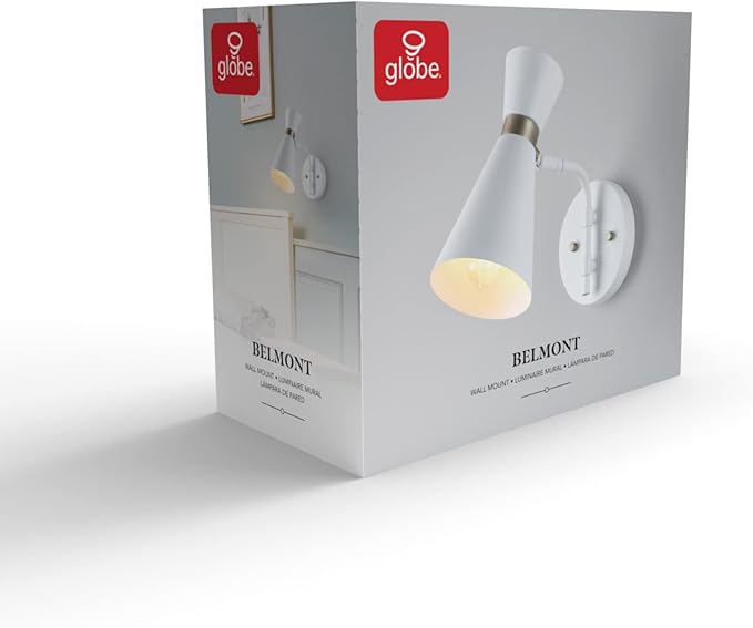 Globe Electric 65000030 1-Light Wall Sconce, White, Matte Brass Accent, Wall Lights for Living Room, Bedroom, Den, Mounted Bedside Lamp, Apartment Essentials, Dimmable, Light for Apartment and Rentals