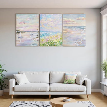 SEWEAIPIC 3 Piece Coastal Wall Art, Dreamy Pastel Pink Beach Canvas Prints, Calming Ocean Sunset Painting for Bedroom, Living Room Decor, Seascape Artwork, 16x24 inch - Framed