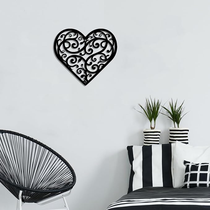 Vineland Black Metal Heart Wall Art, 11.8 x 10.6 Inch Modern Minimalist Sculpture, Floral Scroll Pattern Design, Home Decor for Living Room Bedroom