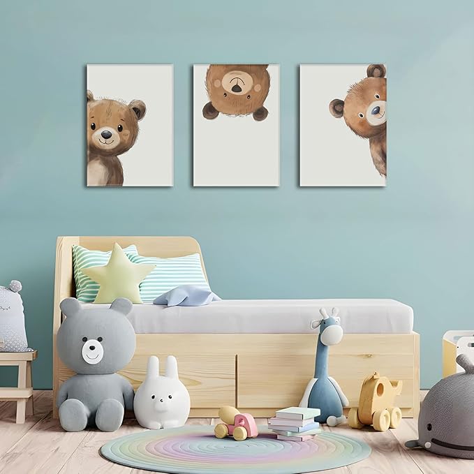 AOYUSMO 3 Piece Baby Bear Canvas Wall Art Nursery Funny Animal Wall Art Cute Bear Pictures Wall Decor Kids Baby Boy Animal Art Prints for Children's Room Bedroom 12"X16" Framed