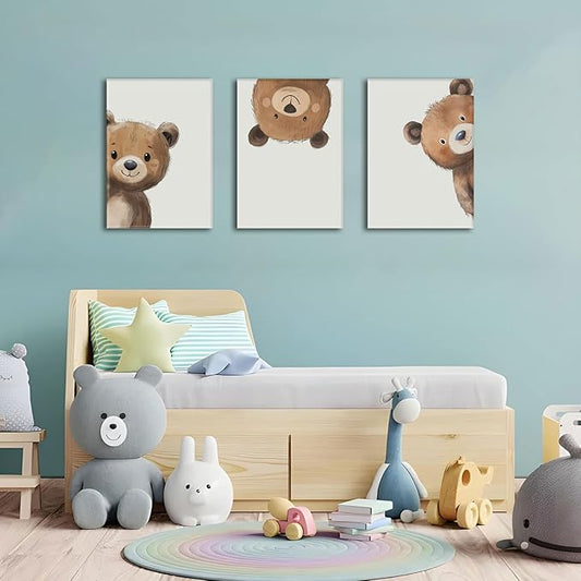 AOYUSMO 3 Piece Baby Bear Canvas Wall Art Nursery Funny Animal Wall Art Cute Bear Pictures Wall Decor Kids Baby Boy Animal Art Prints for Children's Room Bedroom 12"X16" Framed