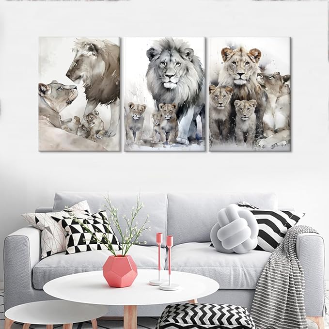 Animal Canvas Paintings Lion Family Portrait Pictures Wall Decor Modern 3 Piece Lion Poster Wall Art Living Room Bedroom Home Office Decorations, Framed 60”W x 28”H