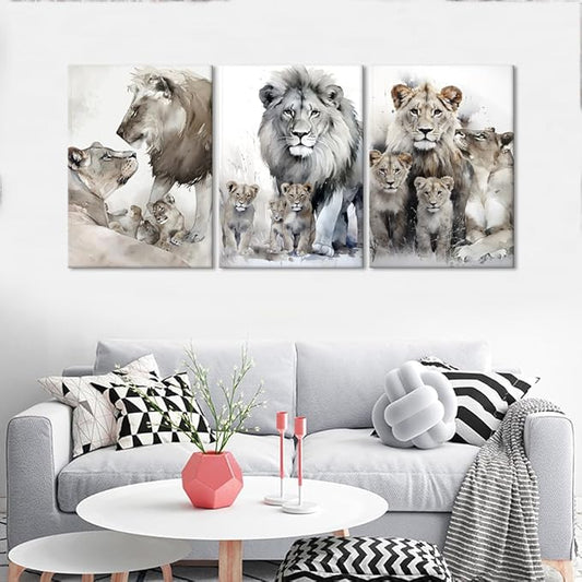 Animal Canvas Paintings Lion Family Portrait Pictures Wall Decor Modern 3 Piece Lion Poster Wall Art Living Room Bedroom Home Office Decorations, Framed 60”W x 28”H