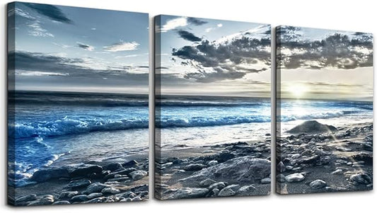 Canvas Wall Art for Living Room & Bedroom - Blue Beach Wall Pictures - Sun & Ocean Paintings - Office Wall Decoration - Seascape Poster Art Prints - Large Size - 20" X 28" - 3 Piece
