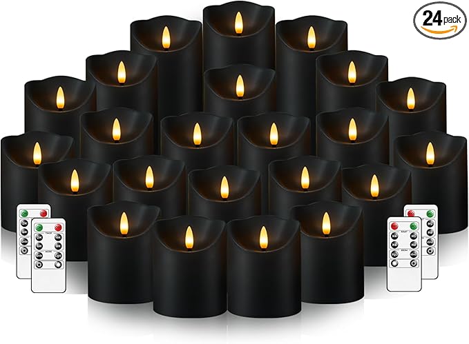 Nimiko Flameless Candles with Remote, Battery Operated Flickering Flameless Candles, LED Candles with Timer 2/4/6/8H, with Realistic LED Candles Set of 24 (D3 x H 3" 4" 5") (Black)