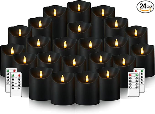 Nimiko Flameless Candles with Remote, Battery Operated Flickering Flameless Candles, LED Candles with Timer 2/4/6/8H, with Realistic LED Candles Set of 24 (D3 x H 3" 4" 5") (Black)