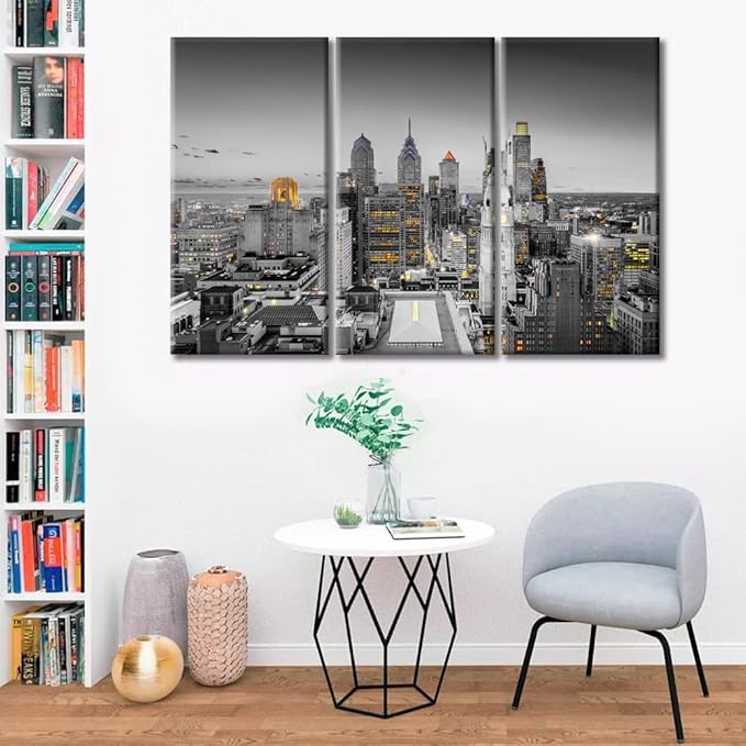 American Cityscape Canvas Wall Art City Skyline Wall Decor Living Room Philadelphia Pennsylvania Skyscrapers Pictures Wall Decor for Bedroom Posters and Prints Framed Ready to Hang (42"Wx28"H)