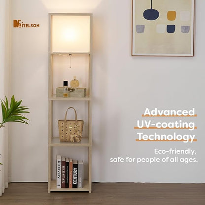 Floor Lamp with Shelves, Modern Standing Lamp with Tempered Glass Shelves, Corner Display Shelf Lamp, Tall Lamps with Shelves for Living Room, Bedroom, Office, Whitewashed Oak
