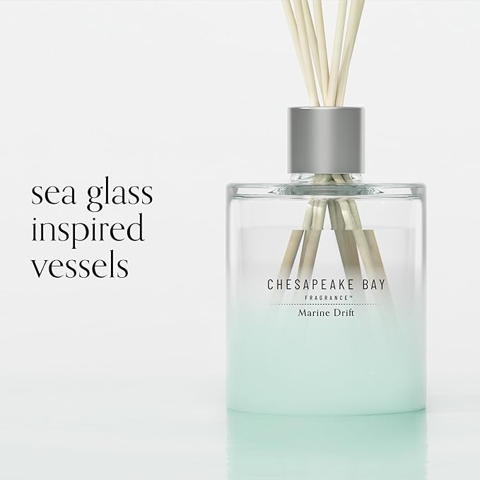 Chesapeake Bay Mood-Evoking Reed Diffuser, Marine Drift Scent, Sea Glass-Inspired Jar, Room Filling Fragrance Made with Essential Oils, Coastal Fragrance for Home Décor or Gifting