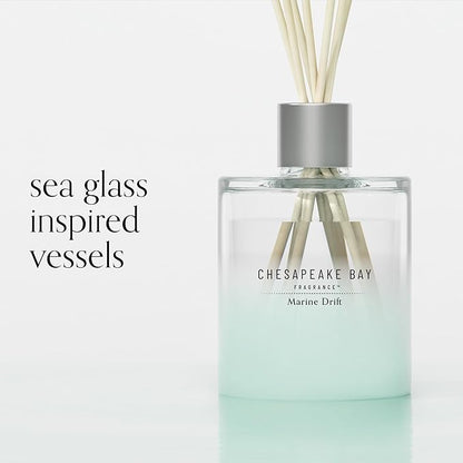 Chesapeake Bay Mood-Evoking Reed Diffuser, Marine Drift Scent, Sea Glass-Inspired Jar, Room Filling Fragrance Made with Essential Oils, Coastal Fragrance for Home Décor or Gifting