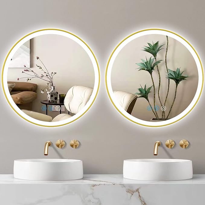 Gold Bathroom Round LED Mirror with Lights Gold Frame 20 Inch Round Lighted Mirror for Bathroom Wall Round Vanity Lighted Mirrors 3 Color Dimmable Anti Fog Bathroom Light up Smart Circle Mirror