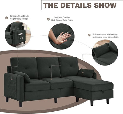Convertible Sectional Sofa, 77" Small L Shaped 3 Seat Couch with Reversible Storage Chaise, Modern Polyester Fabric Sofa Couches for Living Room, Apartment and Small Space, Black