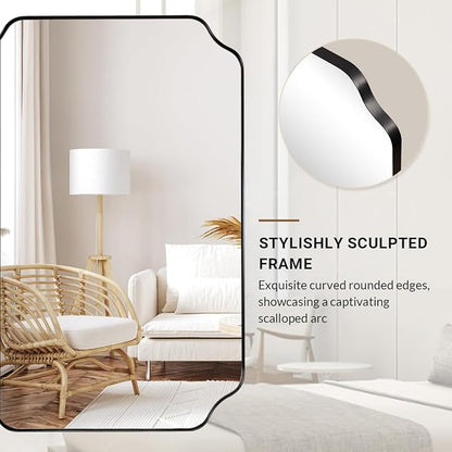ANDY STAR 36x48 Inch Large Mirror, Matte Black Rectangle Mirror for Wall, Bathroom Mirror in Premium Stainless Steel Metal Thin Frame Deep 1’’, Unique Rounded Scalloped Edge, Vertically/Horizontally