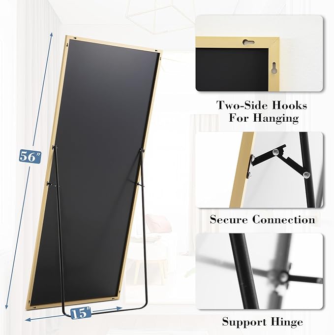 NEWBULIG Mirror Full Length, 56"x15" Body Wall Mirrors with Shatter-Proof Glass, Upgraded Floor Standing Mirror, Hanging or Leaning, with Stand Aluminum Alloy Frame for Home Decor, Bedroom, Gold