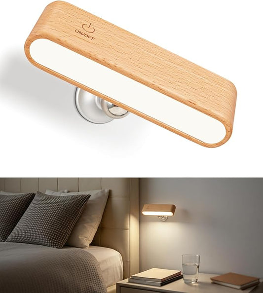 Wood LED Wall Sconce, Magnetic 360° Rotatable Wall Mounted Night Light & Reading Light, Small Rechargeable Battery Powered Bedside Wall Lamp for Bedroom, Living Room, Beech Wood