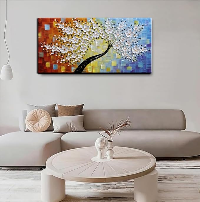 YaSheng Art - Handmade Wall Art 3D Texture Colorful Flowers Oil Painting ，Modern Abstract Canvas Wall Art，Bedroom Wall Decor Home,Wall Art for Living Room,Framed Wall Art Pictures 48 by 24 inch