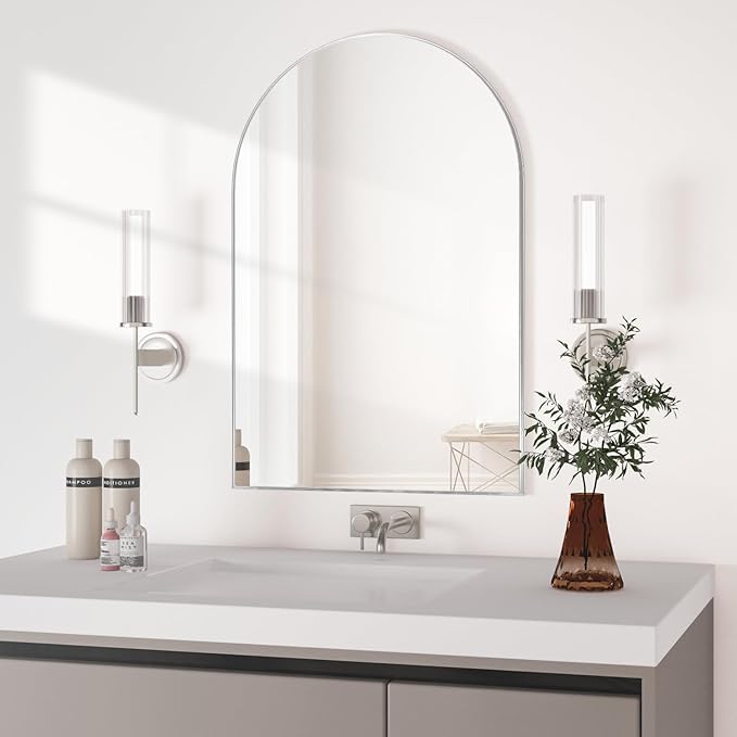 Wall Mounted Mirror, Arched Wall Mirror for Bathroom, 24"x36" Arch Bathroom Mirror with Metal Frame, Silver Vanity Mirror Decor for Mantle, Bedroom, Entryway, Living Room