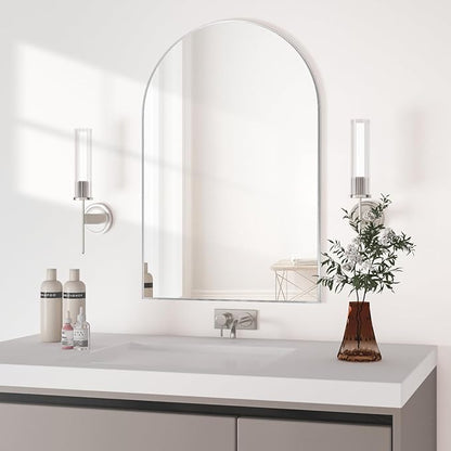 Wall Mounted Mirror, Arched Wall Mirror for Bathroom, 24"x36" Arch Bathroom Mirror with Metal Frame, Silver Vanity Mirror Decor for Mantle, Bedroom, Entryway, Living Room