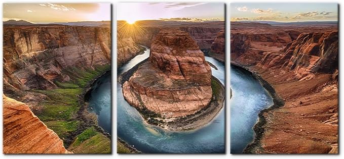Pacimo 3 Piece Canvas Wall Art - Sunset Moment at Horseshoe Bend Colorado River Grand Canyon National Park Arizona Landscape Modern Home Art Decor Stretched and Framed Ready to Hang - 20"x28"x3 Panel
