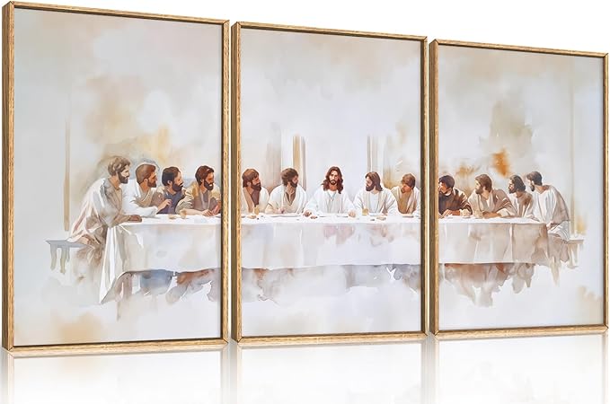 KAIRNE Jesus Last Supper Framed Canvas Wall Art Set, Christian Twelve Apostle Wall Decor, Bible Renaissance wall Painting, Religious Picture Art Print for Living Room, Bedroom, Church-16 x24 x3