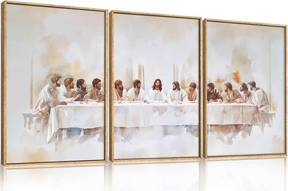 KAIRNE Jesus Last Supper Framed Canvas Wall Art Set, Christian Twelve Apostle Wall Decor, Bible Renaissance wall Painting, Religious Picture Art Print for Living Room, Bedroom, Church-16 x24 x3