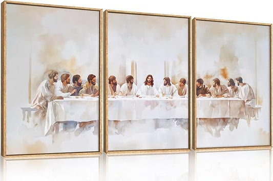 KAIRNE Jesus Last Supper Framed Canvas Wall Art Set, Christian Twelve Apostle Wall Decor, Bible Renaissance wall Painting, Religious Picture Art Print for Living Room, Bedroom, Church-16 x24 x3