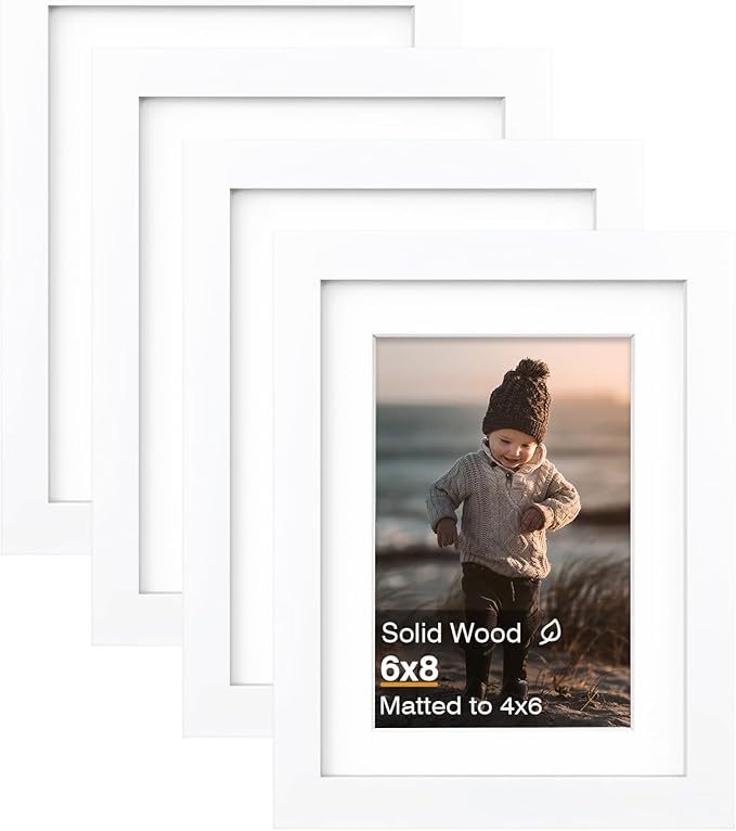 KINLINK 6x8 Picture Frame White, Solid Wood Frames with Acrylic Plexiglass for Pictures 4x6 with Mat or 6x8 without Mat, Tabletop and Wall Display Photo Frame, Set of 4