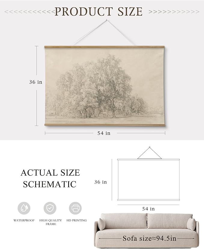 InSimSea 36x54 Large Canvas Scroll Wall Art, Sketch tree Nature Landscape Hanging Painting, Farmhouse Wall Decor for Living Room, Bedroom, Dining Room, Study, Office