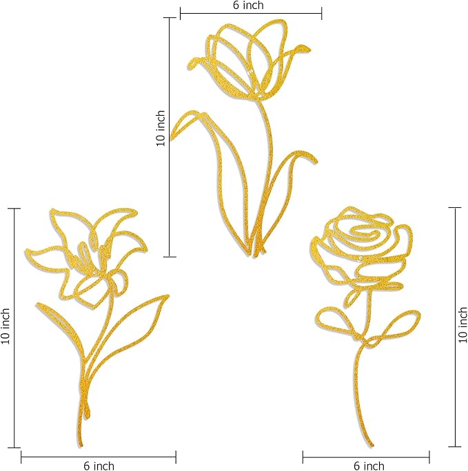 Oubasa 3 Pieces Metal Flowers Wall Arts Decor, Rustic Farmhouse Metal Wall Ornament Art Gold Minimalist Floral Decor for Bathroom Kitchen Bedroom Living Room, 6x10 Inches - Housewarming Gifts