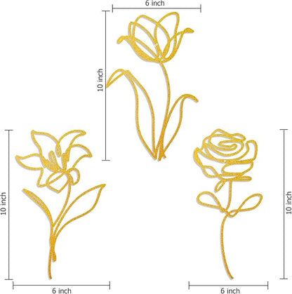 Oubasa 3 Pieces Metal Flowers Wall Arts Decor, Rustic Farmhouse Metal Wall Ornament Art Gold Minimalist Floral Decor for Bathroom Kitchen Bedroom Living Room, 6x10 Inches - Housewarming Gifts