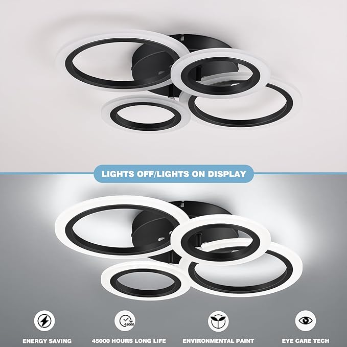 Modern LED Flush Mount Ceiling Light, 4 Rings Black Close to Ceiling Light Fixtures, Kitchen Lighting Fixture Ceiling Lamp for Bedroom, Living Room, Laundry Room, 4000K Not Dimmable