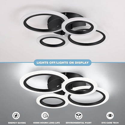 Modern LED Flush Mount Ceiling Light, 4 Rings Black Close to Ceiling Light Fixtures, Kitchen Lighting Fixture Ceiling Lamp for Bedroom, Living Room, Laundry Room, 4000K Not Dimmable