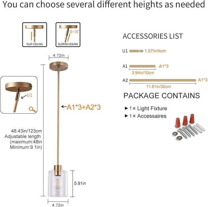 Brass Pendant Light for Kitchen Island 1 Pack, Modern Gold Hanging Light with Adjustable Rod, Farmhouse Brass Pendant Lighting for Dining Room Sink, Brass Rod Ceiling Hanging Light Fixture