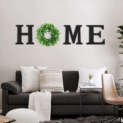 Pinkpum Wooden Home Sign with Artificial Green Wreath for O, Hanging Farmhouse Wall House Decor Wood Letters for Wall Art Rustic Home Decor, Wall Decor for Living Room Kitchen Entryway (Black)