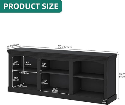 YITAHOME Farmhouse TV Stand with Cord Management for 75/80 Inch TV, Entertainment Center with Adjustable Shelf & Open Storage, 70" TV Console Table for Living Room (Black)