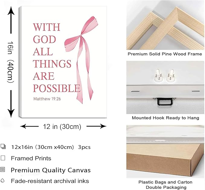 Coquette Pink Bow Canvas Wall Art Set of 3, Inspirational Bible Verses Decor Posters Pictures Prints Aesthetic for Girls Room College Apartment Living Room Bedroom Framed 12x16 Inch
